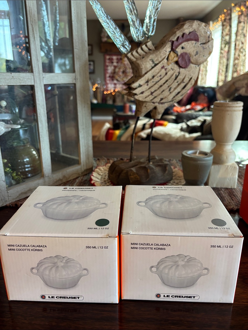 Le Creuset stoneware, 1 green and 1 grey pumpkins